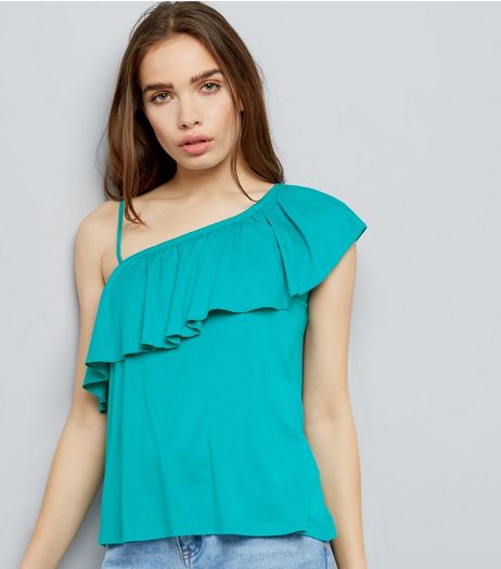 Turquoise Frill Trim Off The Shoulder Top | New Look