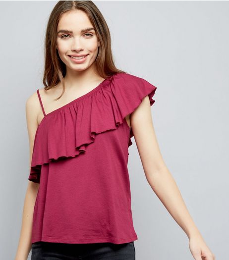 Deep Pink Frill Trim Off The Shoulder Top | New Look