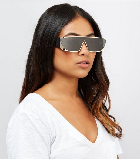 Black Metallic Trim Visor Sunglasses | New Look
