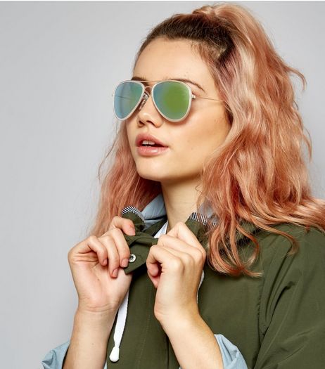 Silver Contrast Lens Pilot Sunglasses | New Look