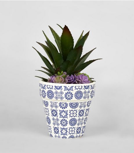 Navy Tile Print Artificial Plant Pot | New Look