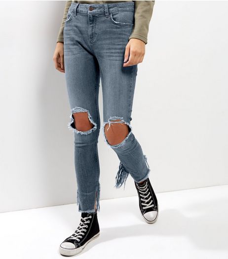 Blue Ripped Knee Fray Hem Skinny Jenna Jeans | New Look
