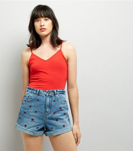 Blue Strawberry Embroidered Denim Shorts | New Look