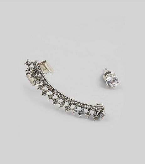 Silver Crystal Earcuff and Stud | New Look