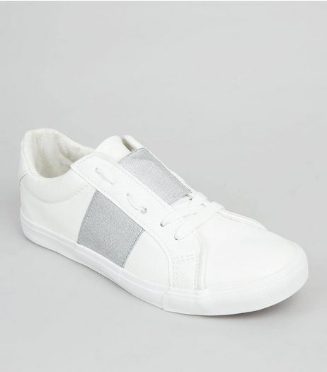 White Metallic Elasticated Strap Trainers | New Look