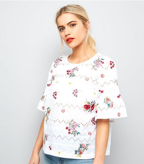 White Embroidered Bell Sleeve Top | New Look