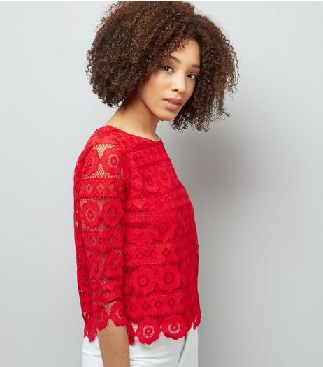 Tall Red Floral Lace Half Sleeve Top | New Look