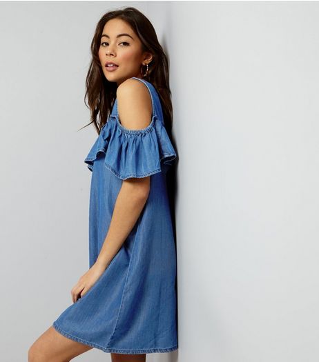 Blue Denim Frill Trim Cold Shoulder Tunic Dress | New Look