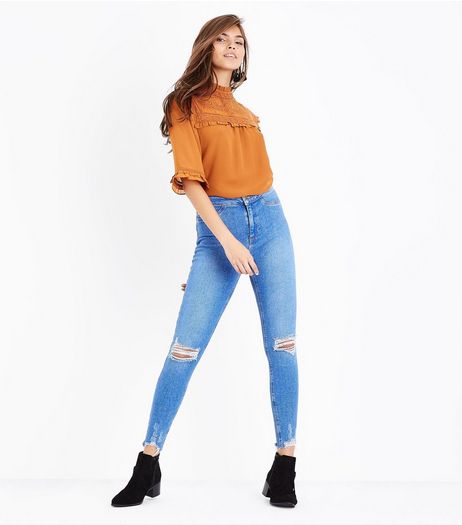 Blue Ripped Knee Fray Hem Skinny Jenna Jeans | New Look