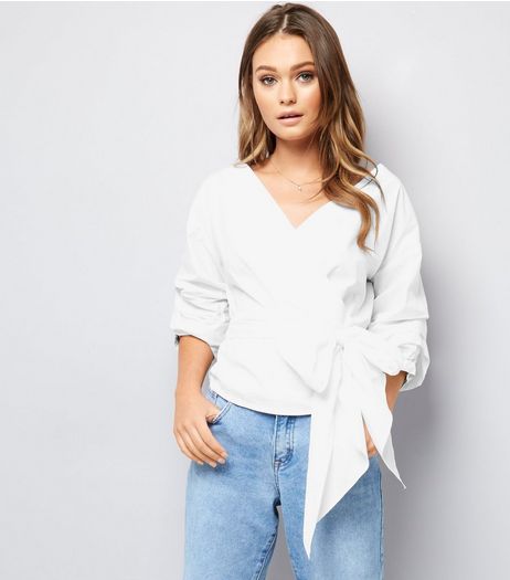White Ruched Sleeve Tie Front Top | New Look