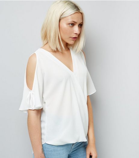 White Cold Shoulder Tie Sleeve Top | New Look