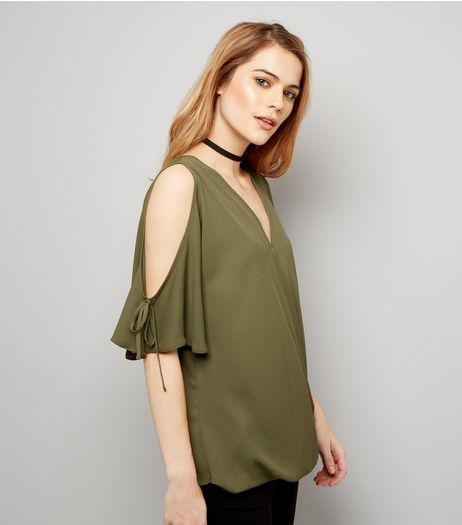 Khaki V Neck Wrap Front Cold Shoulder Top | New Look