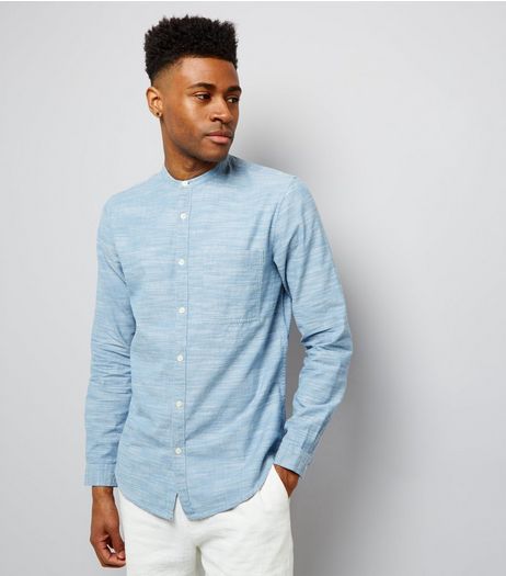 Blue Chambray Long Sleeve Grandad Collar Shirt | New Look