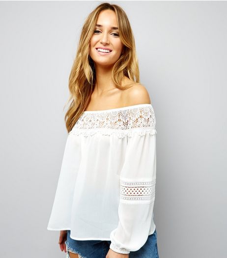 White Crochet Lace Trim Bardot Neck Top | New Look