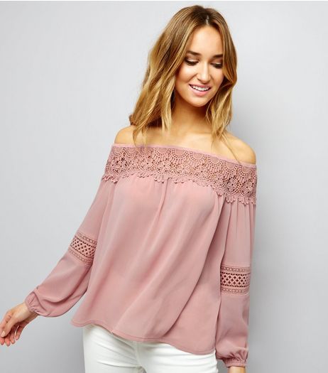 Shell Pink Crochet Lace Trim Bardot Neck Top | New Look