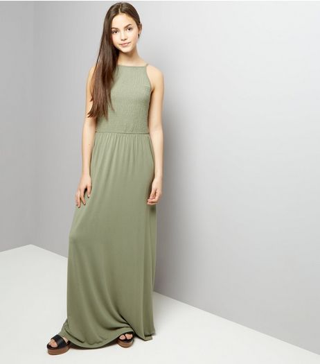Teens Khaki Sleeveless Shirred Waist Maxi Dress | New Look