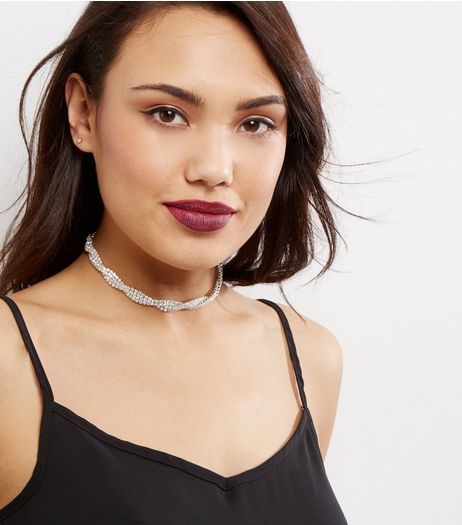 Silver Crystal Twist Choker | New Look