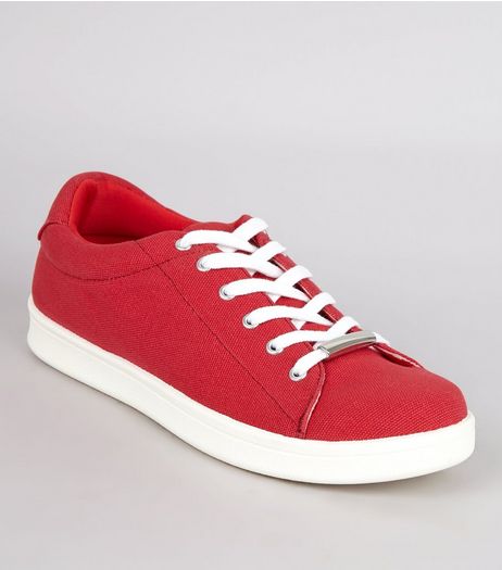 Red Canvas Lace Up Metal Trim Trainers | New Look