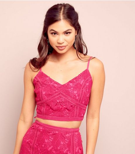 Bright Pink Premium Lace Strappy Crop Top | New Look