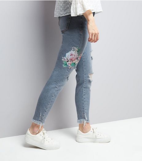 Blue Floral Embroidered Skinny Jenna Jeans | New Look