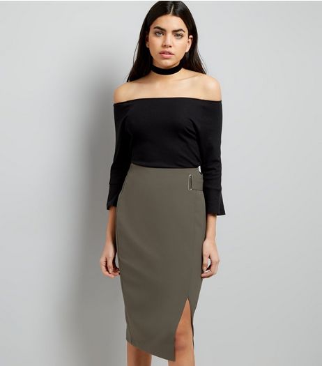 Khaki Wrap Front Midi Skirt | New Look