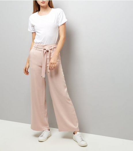 Shell Pink Tie High Waist Wide Leg Trousers | New Look
