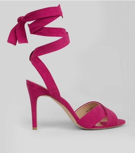 Bright Pink Suedette Tie Up Heeled Sandals | New Look