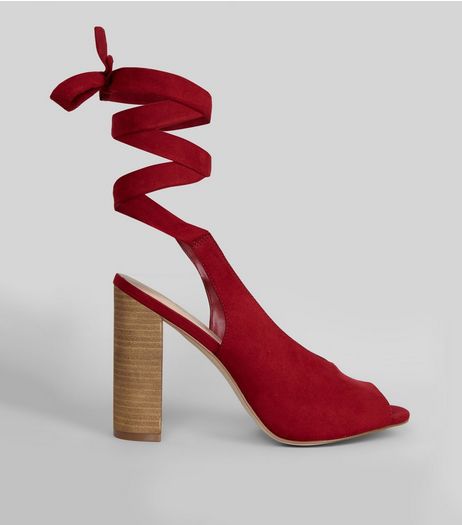 Red Suedette Peep Toe Tie Up Block Heels | New Look