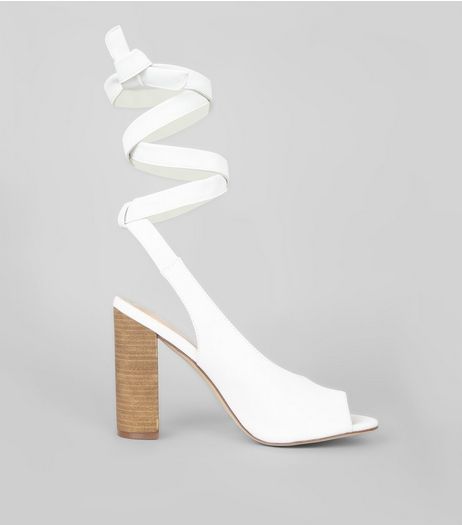 White Peep Toe Tie Up Block Heels | New Look