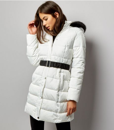 White Faux Fur Trim Belted Longline Puffer Jacket | New Look