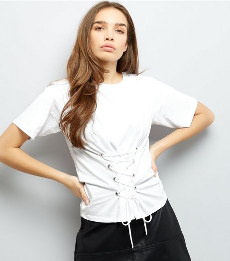 White Lace Up Corset T-Shirt | New Look