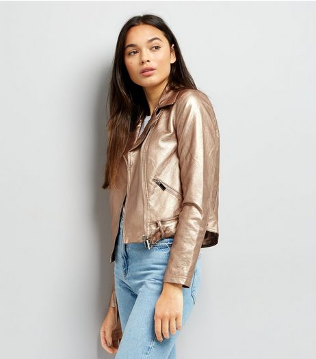 Rose Gold Metallic Biker Jacket | New Look
