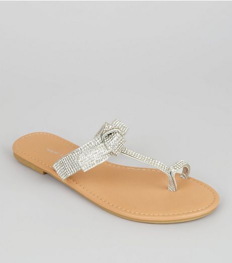 Silver Crystal Bow Top Toe Post Sandals | New Look