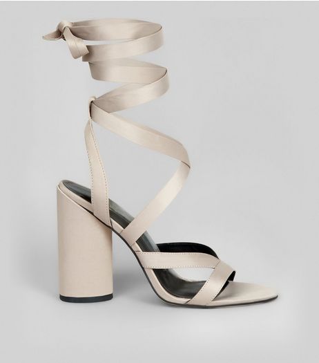 Grey Satin Tie Up Block Heels | New Look