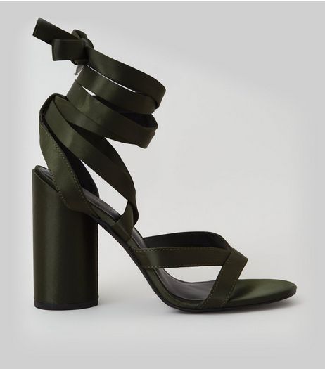 Khaki Satin Tie Up Block Heels | New Look