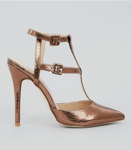 Rose Gold Snakeskin Texture Pointed Gladiator Heels | New Look