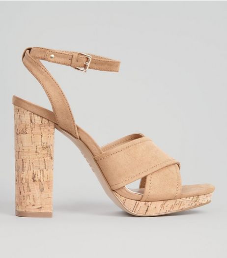 Tan Suedette Cross Strap Cork Block Heels | New Look