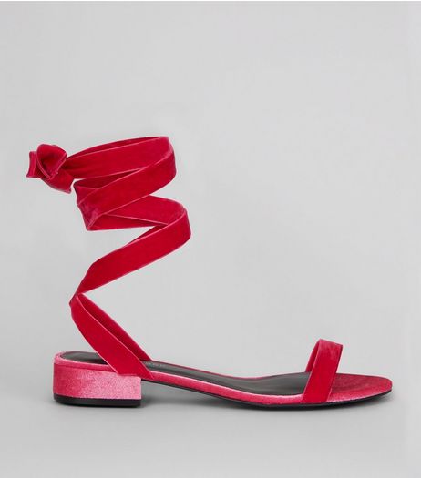 Bright Pink Velvet Ankle Tie Sandals | New Look
