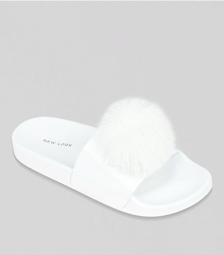 White Faux Fur Pom Pom Sliders | New Look