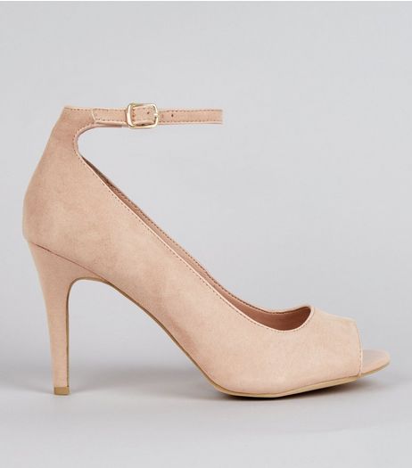 Nude Comfort Suedette Patent Trim Peep Toe Heels | New Look