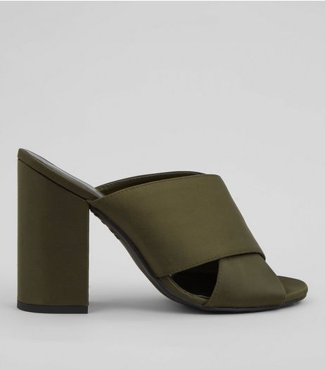 Khaki Satin Cross Strap Heeled Mules | New Look