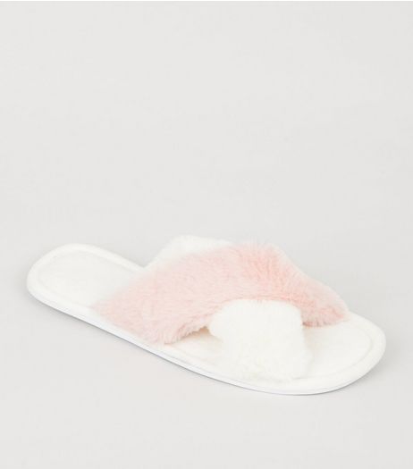 White Contrast Cross Faux Fur Strap Sliders | New Look