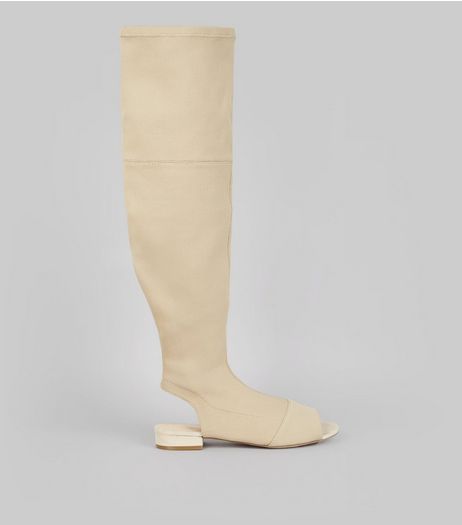 Nude Peep Toe Open Heel Over The Knee Boots | New Look