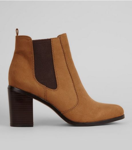 Tan Suedette Contrast Side Block Heel Boots | New Look