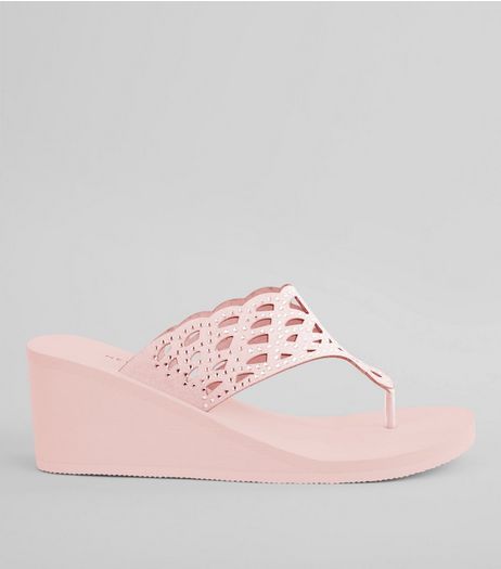 Pink Diamante Strap Wedged Flip Flops | New Look