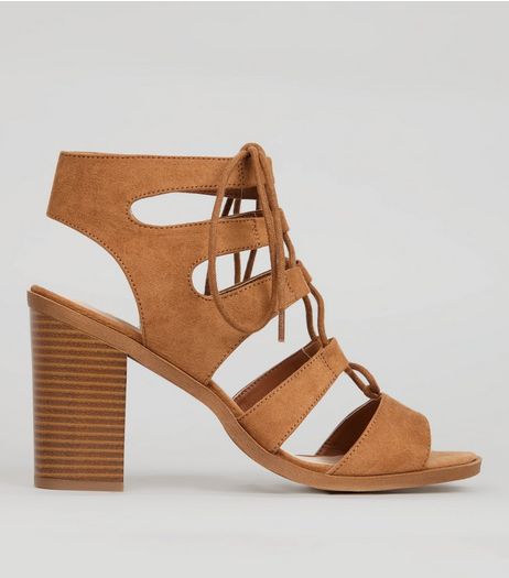 Wide Fit Tan Suedette Ghillie Block Heels | New Look