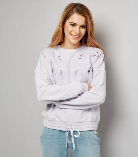 Purple Cut Out Embroidered Drawstring Hem Sweater | New Look