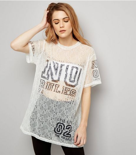 White Lace No Rules Print Baseball T-Shirt | New Look