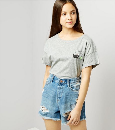 Teens Blue Ripped High Waist Denim Shorts | New Look