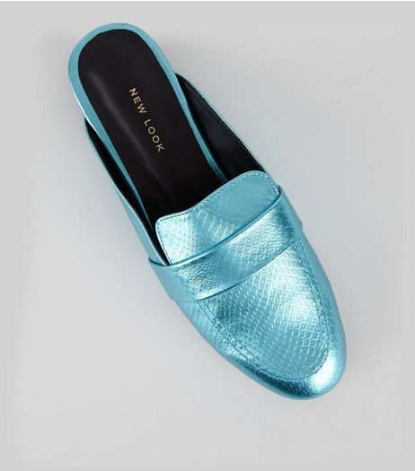 Blue Metallic Textured Loafer Mules | New Look